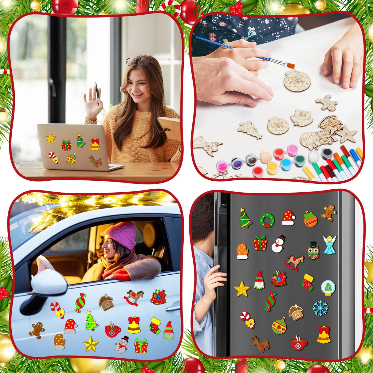 Mootycapa 24 Pcs Christmas DIY Wooden Magnets to Paint, Xmas Holiday Glow in The Dark Wood Painting Crafts, Santa Claus Fridge Magnets Craft Kits for Boys Girls Adults Family Home Party Activities Mootycapa