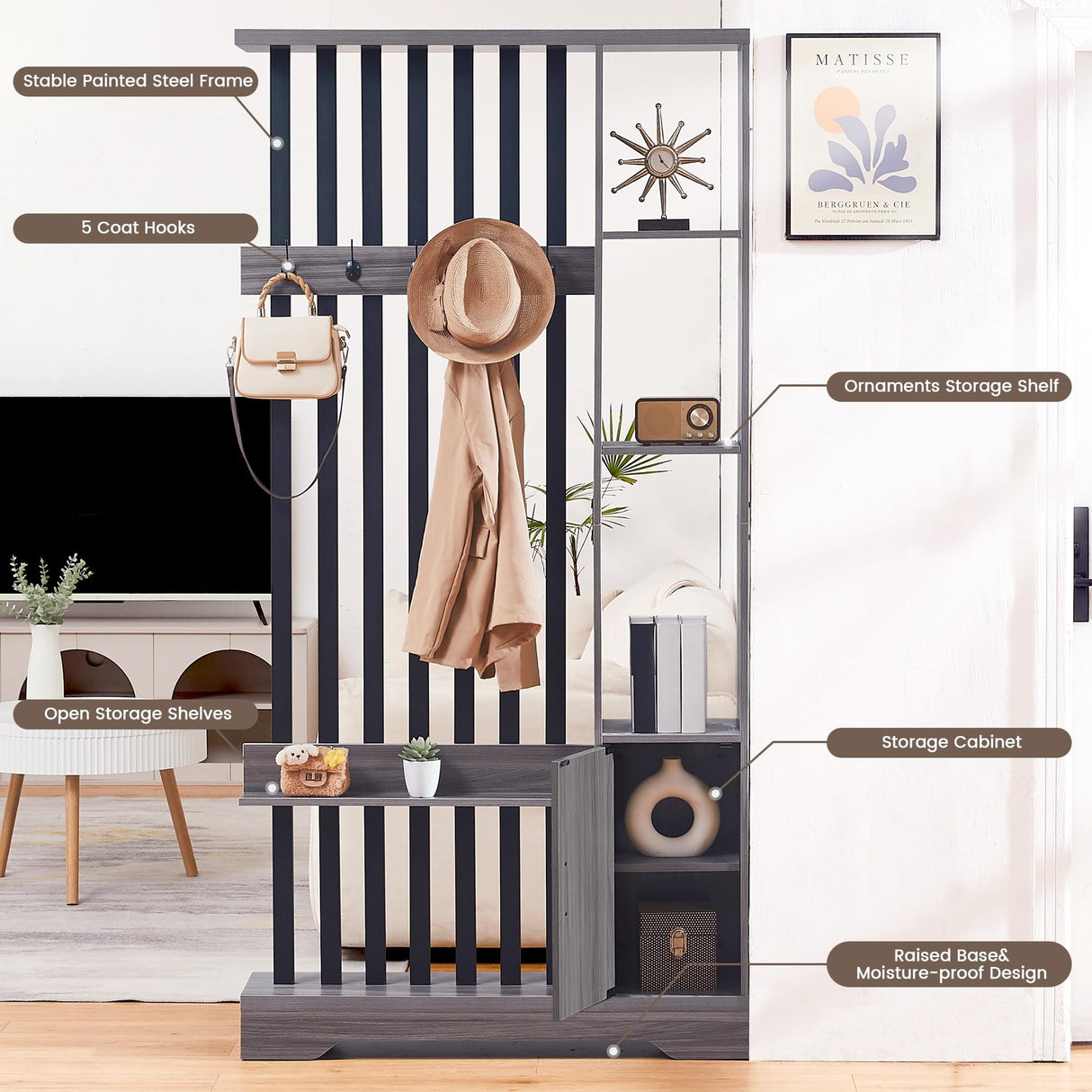 Room Divider with Shelves, Wall Room Divider Bookshelf, Freestanding Wood Privacy Screen with Storage Cabinet, Coat Rack, Display Shelf for Living Room Separation, Home Office Decorative SAHISTCT