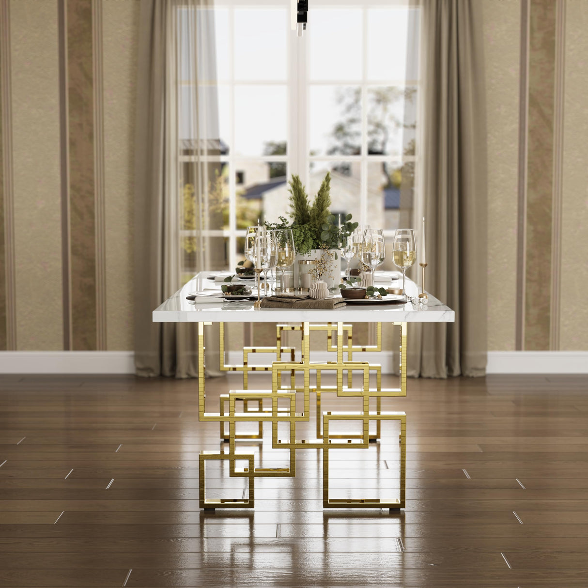 AUZ 9 Piece Dining Room Table Set with Chairs, Luxury White and Gold Dining Room Table Set for 8, 78 inch Rectangular Dining Table Set with 8 White Leather Dining Chairs AUZ