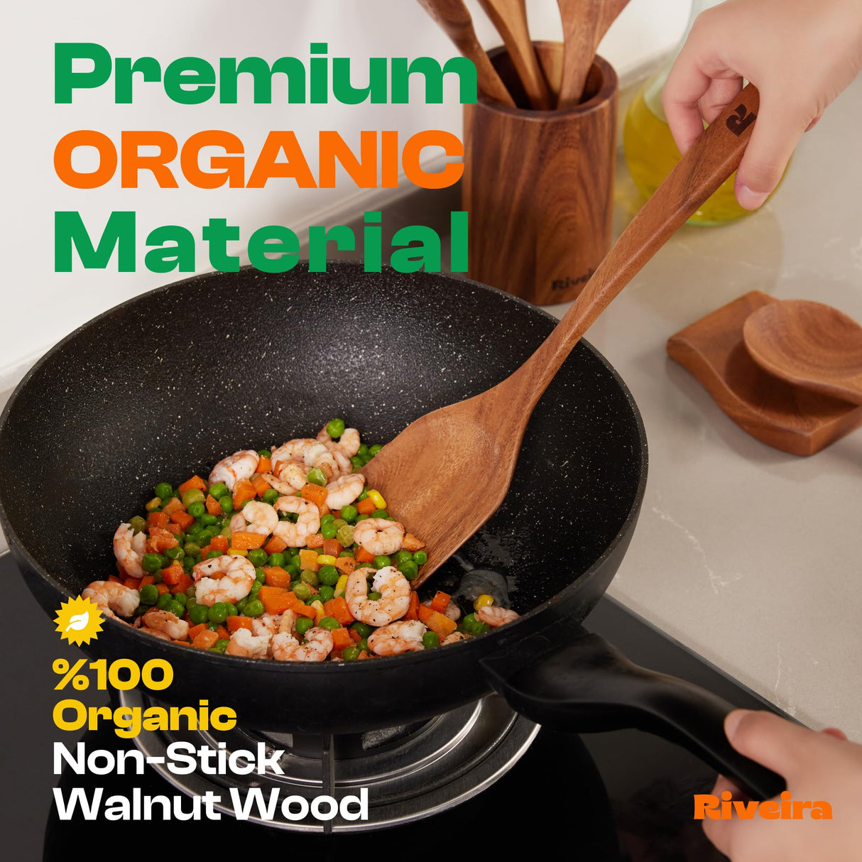 Riveira Walnut Wooden Spoons for Cooking Set of 6 – Natural Walnut Wooden Cooking Utensils, Wooden Spatula, Wooden Spoon - Premium Quality Wooden Utensil Set for Non-Toxic Cooking Riveira