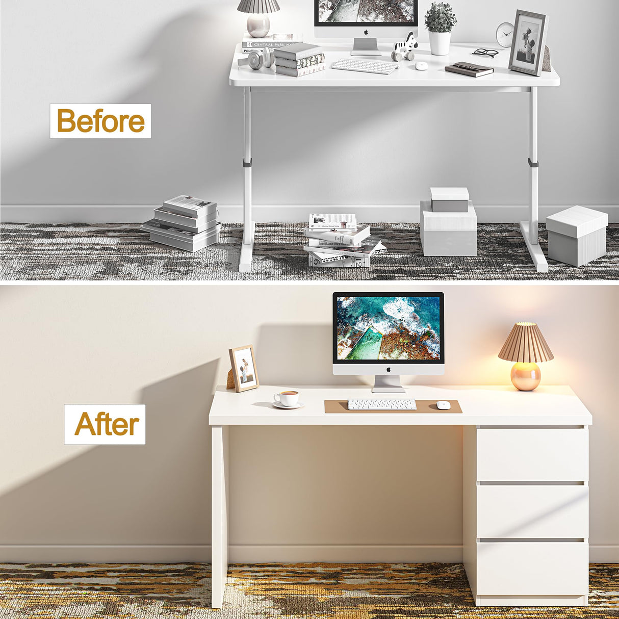 furtble White Desk with Drawers, 53'' W Home Office Computer Desk Gaming Table, Modern Vanity Desk with storage, Wood Writing Workstation for Bedroom, Living Room furtble