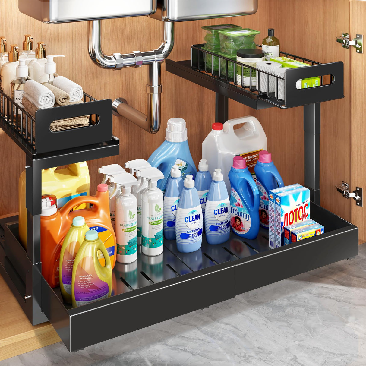 1 Pack Expandable Under Sink Organizers And Storage With Upgrade Ball-Bearing Slide Tracks,2-Tier Pull Out Under Cabinet Organizer Height Adjustable,Slide Out Under Sink Drawers-Black(Patent Pending) Biboraya