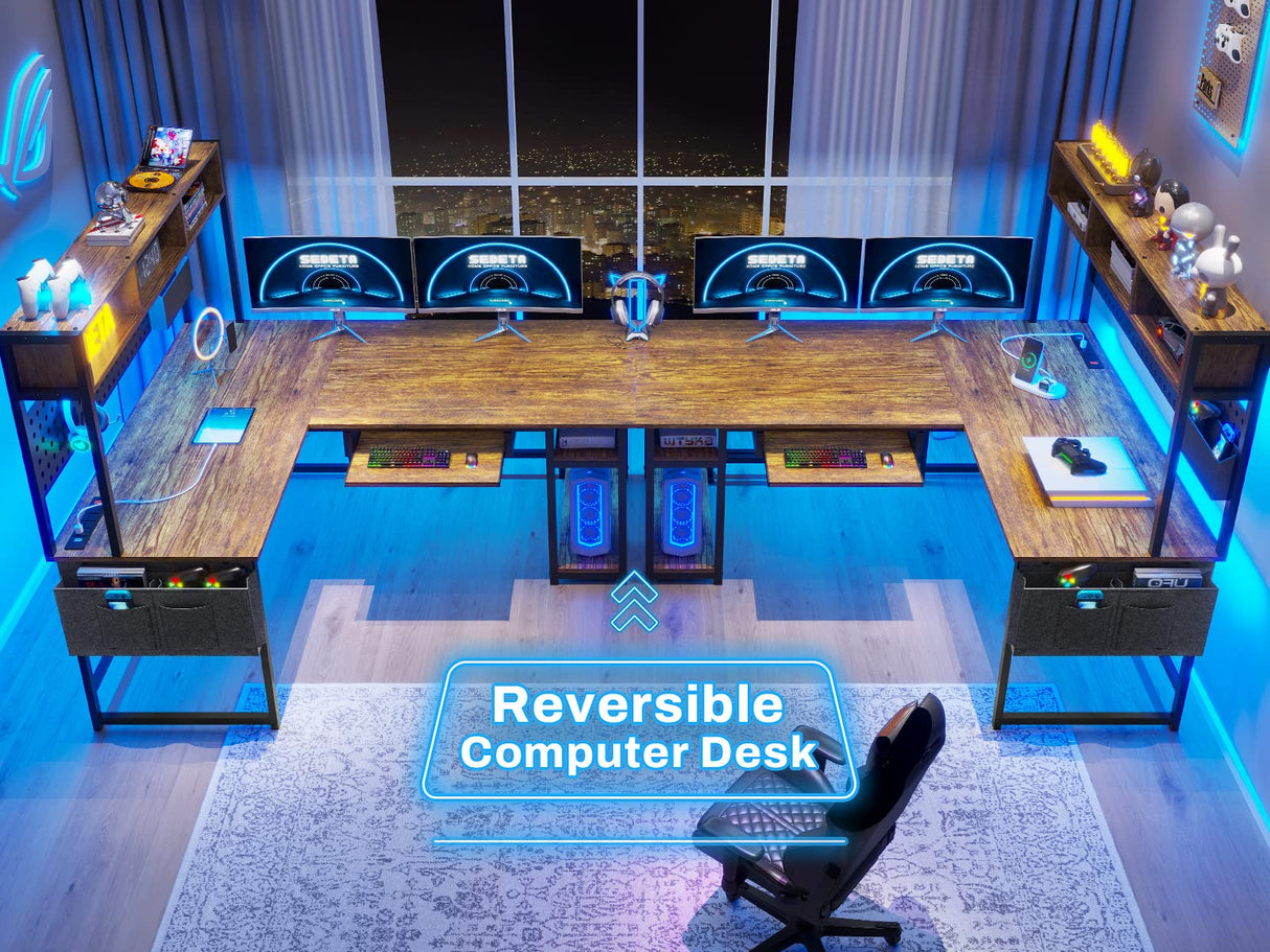 SEDETA L Shaped Computer Desk, Reversible Corner Desk with Power Outlet and Pegboard, Computer Desk with Led Lights, Keyboard Tray, Headphone Hook and Storage Shelves, Rustic Brown SEDETA