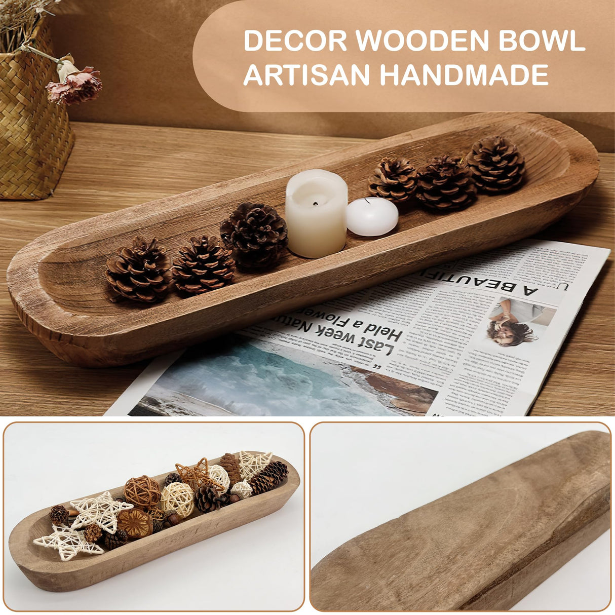MOLADRI Wooden Dough Bowls Decorative,Unique Centerpiece Bowl, Rustic Long Wood Bowl with Hand Carved for Table Centerpiece Decor, Farmhouse Boho Rustic Style Home Decor (17 x 5 x 2 Inch Brown) MOLADRI