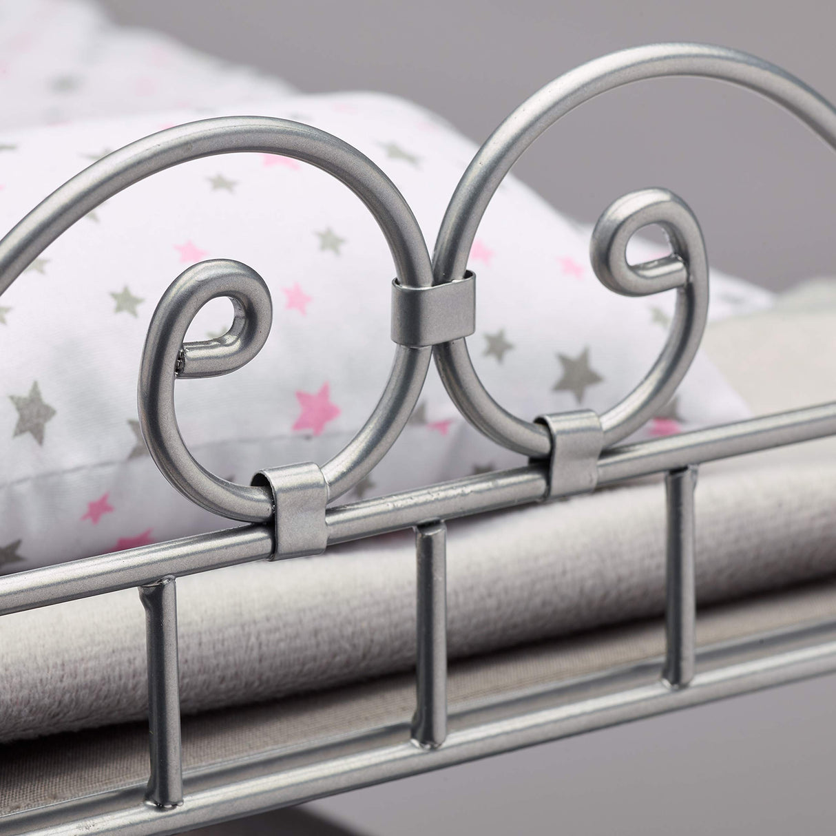 Badger Basket Scrollwork Metal Triple Doll Bunk Bed with Ladder and Bedding – Stylish Silver and Pink Stars Design for 18-Inch Dolls Badger Basket
