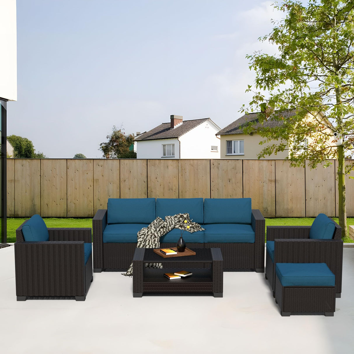 YLGJ&TIDY 7-Piece Outdoor Sectional Patio Furniture Set, All-Weather Wicker Rattan Sofa w/Thick Washable Cushions & Tempered Glass Table, Perfect for Garden, Poolside, Backyard (Darkbrown&Lake Blue) YLGJ&TIDY