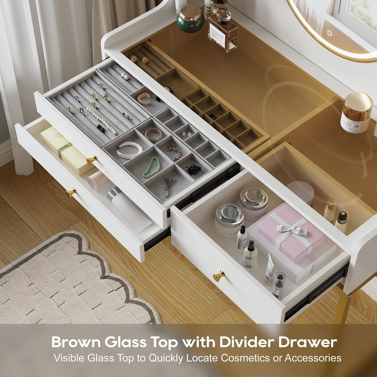 DELUXE LIVING Makeup Vanity Desk with Mirror and Lights, Glass Top Vanity Desk with 3 Drawers & 2 Storage Shelves, Bedroom Dressing Table with Power Outlet, 3 Lighting Mode, White DELUXE LIVING