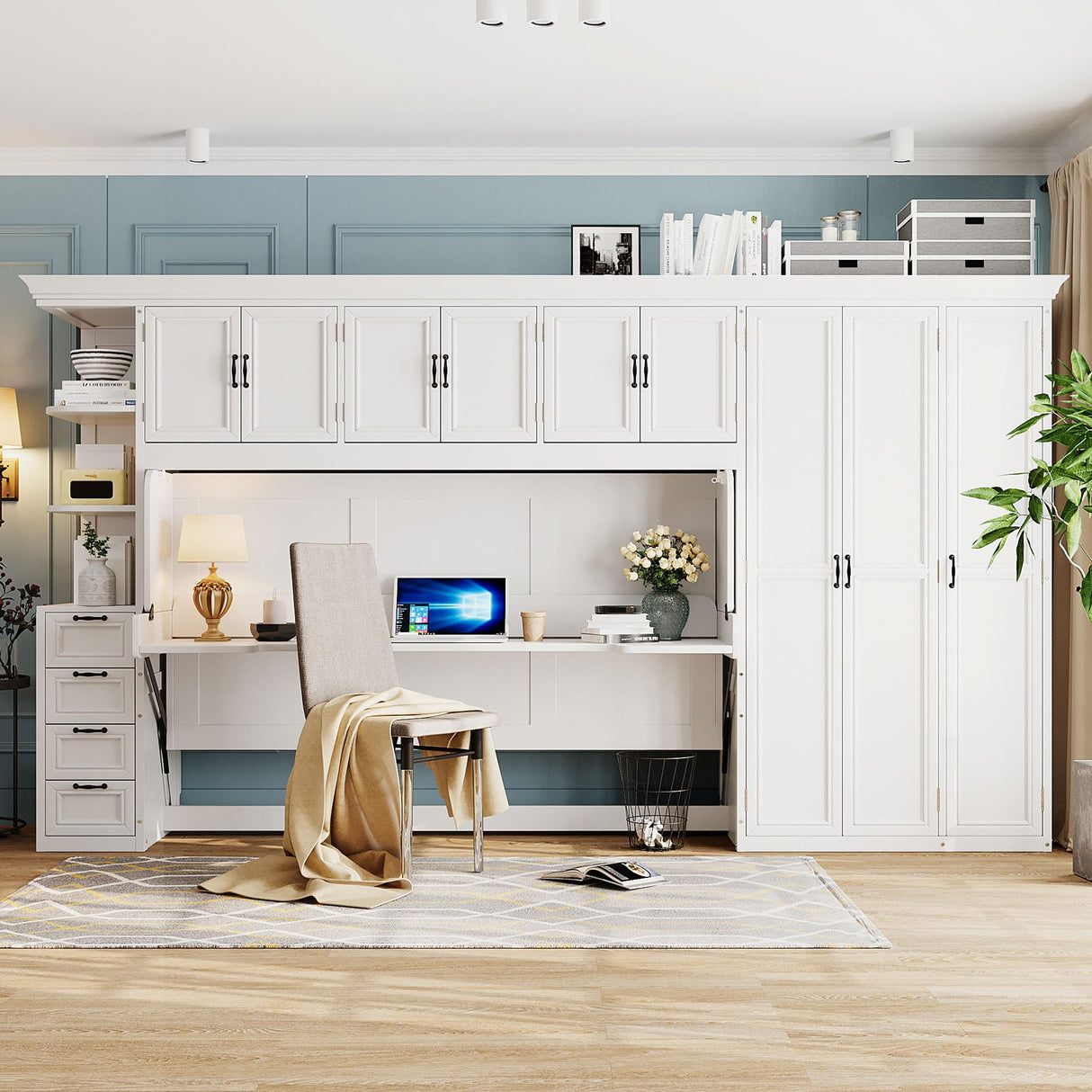 SOFTSEA Twin Size Horizontal Murphy Bed with Desk, Foldable Wall Bed Frame with 3-Door Wardrobe, Drawers & Shelves, Space-Saving Hideaway Bed for Small Space, Apartment, White SOFTSEA