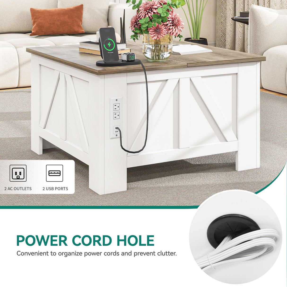 YITAHOME Farmhouse Lift Top Coffee Table with Storage, Wood Square Center Table with Charging Station & USB Ports and Hidden Compartment Coffee Tables for Living Room Bedroom, Home Office, White YITAHOME