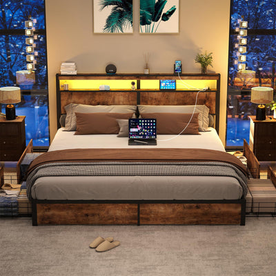 SADENICEL King Bed Frame with Storage Headboard and 4 Drawers, Metal Platform Bed Frame with LED Light, Charging Station, No Box Spring Needed, Noise Free, Easy Assembly, Vintage Brown