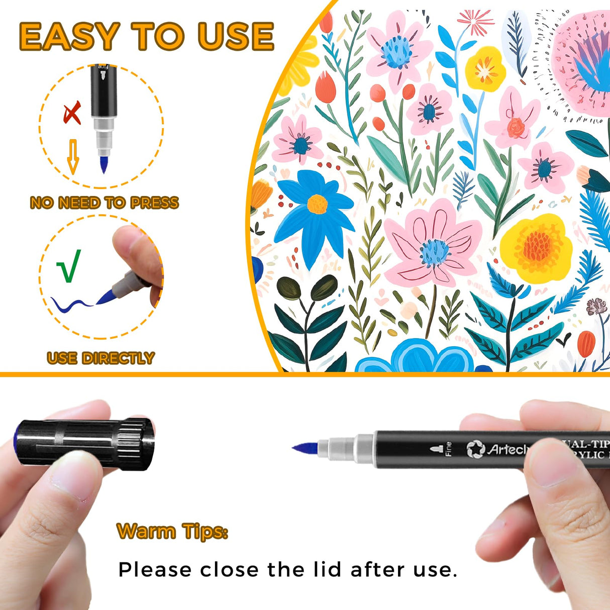 Artecho Acrylic Paint Pens 48 Colors, Dual Tip Acrylic Paint Markers with Brush Tip and Fine Tip for Rock Painting, Glass, Paper, Wood, Egg, Canvas, Ceramic, Fabric, leather, DIY Crafts Artecho