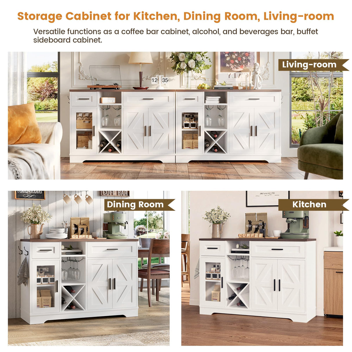 ANCTOR Coffee Bar Wine Cabinet, 47.3" Farmhouse Coffee Bar Cabinet with Glass Holders, Wine Bar Cabinet with 2 Drawers, Racks for Liquor, Wooden Sideboard for Dining Room, Living Room, White ANCTOR