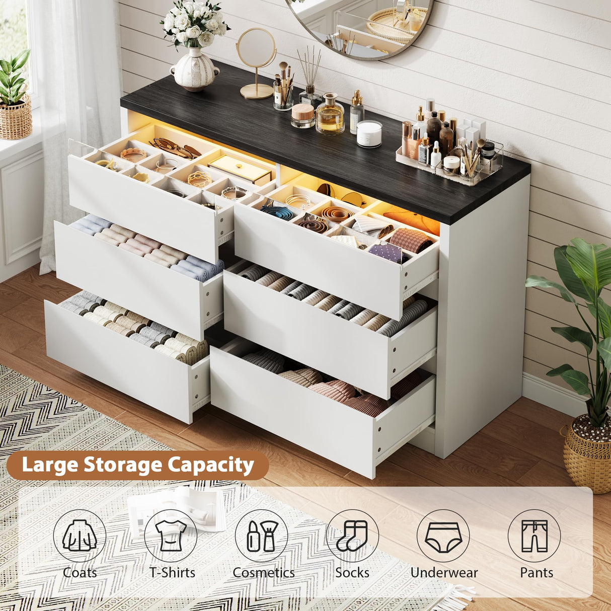 Jocoevol Modern LED 6 Drawer Dresser for Bedroom, White Large Chest of Drawers with Hidden Handles, Long Double Wooden Dresser Closet for Living Room, Entryway, Hallway - White Jocoevol