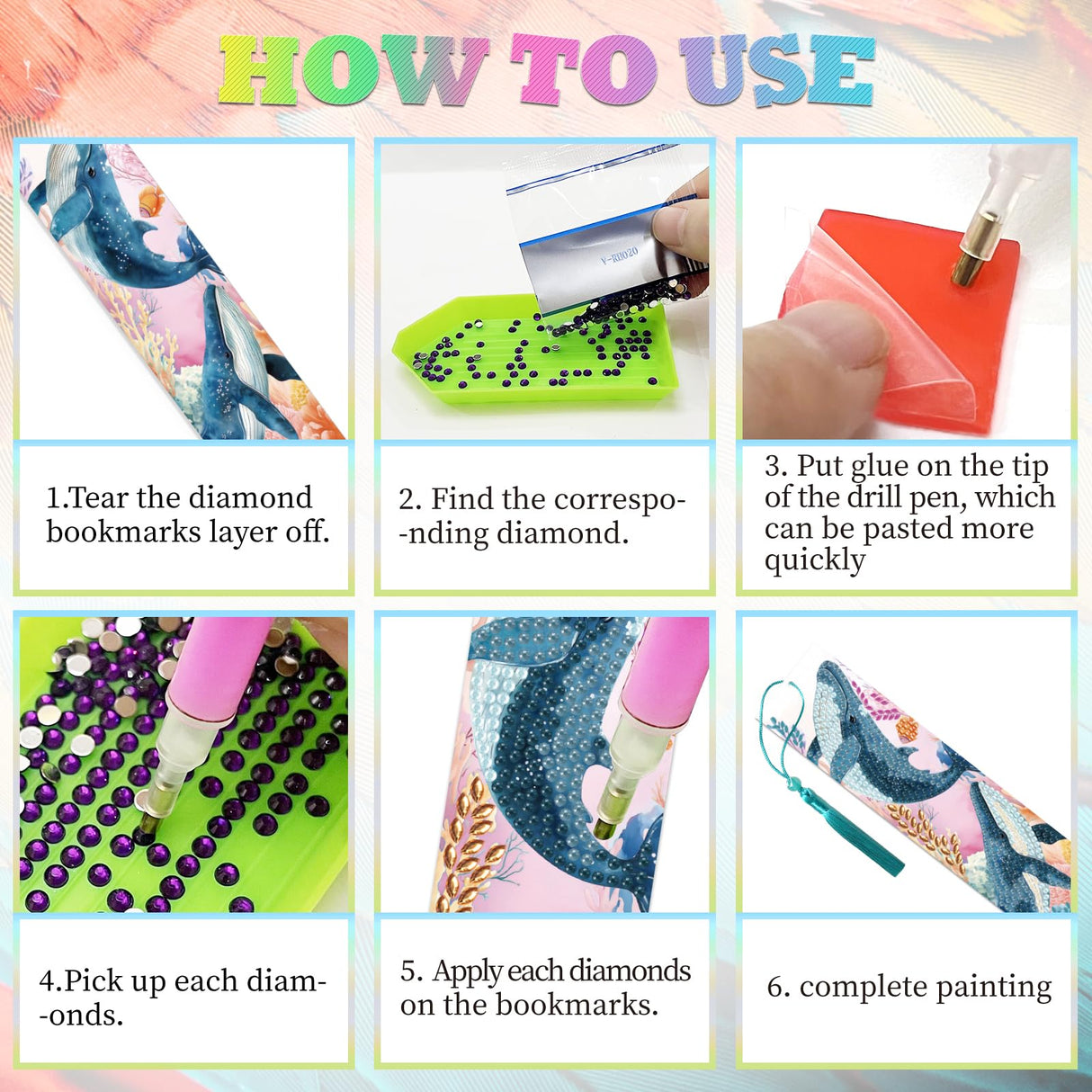 beinkmake 6Pcs Marine Animals 5D Diamond Art Bookmarks Turtle Dolphin Whale Diamond DIY Painting Bookmarks Rhinestones Beaded Acrylic Tassel Bookmark for Adult Beginner Crafts beinkmake