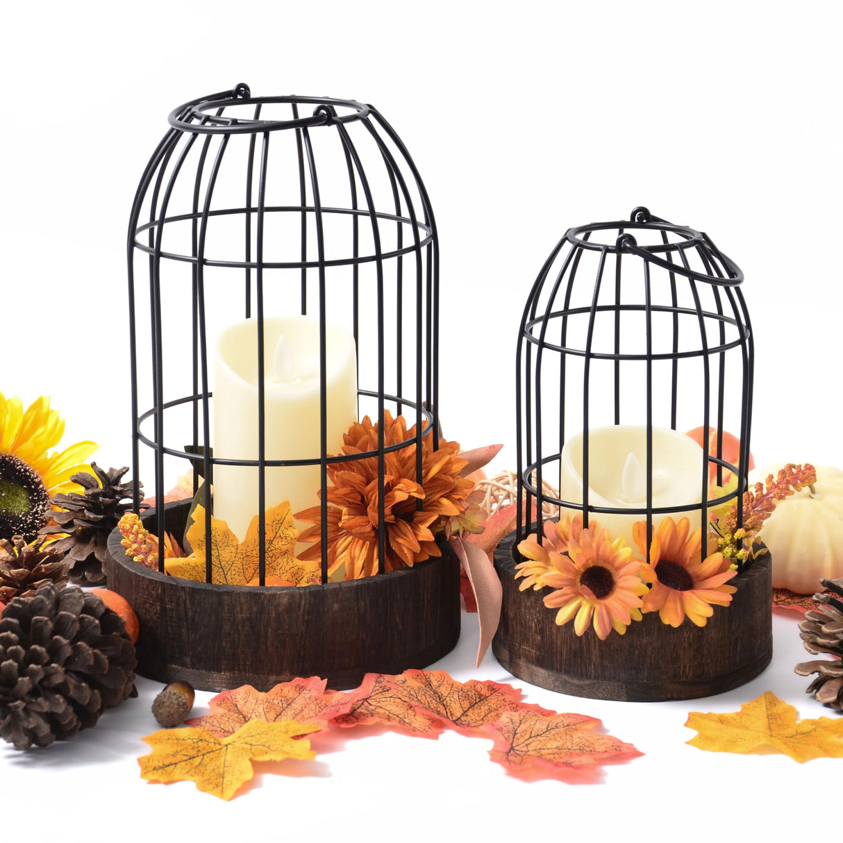 Perfnique Decorative Candle Lantern, Set of 2 Farmhouse Table Lanterns for Home Decor, Rustic Table Centerpieces for Dining Room, Fireplace Mantle Kitchen Decoration (Walnut) PERFNIQUE