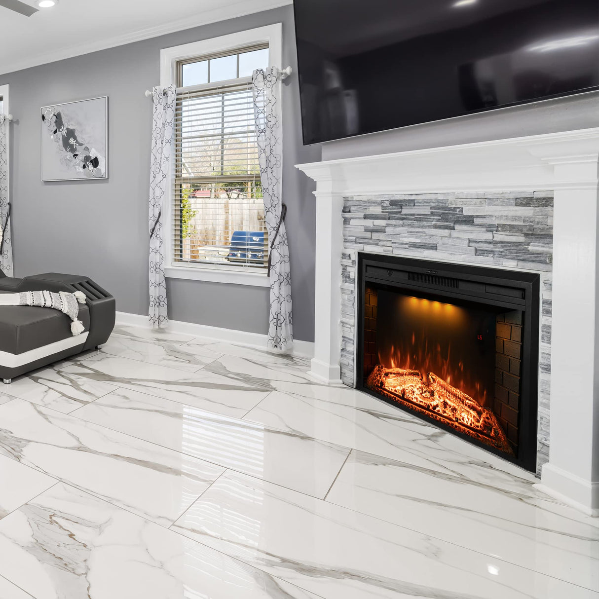 Dreamflame 36 inch Wide 21 inch High Electric Fireplace, Wall Fireplace Electric with Remote Control, Realistic Log and Crackling Sound, Overheating Protection and Timer, 750/1500W Black Dreamflame