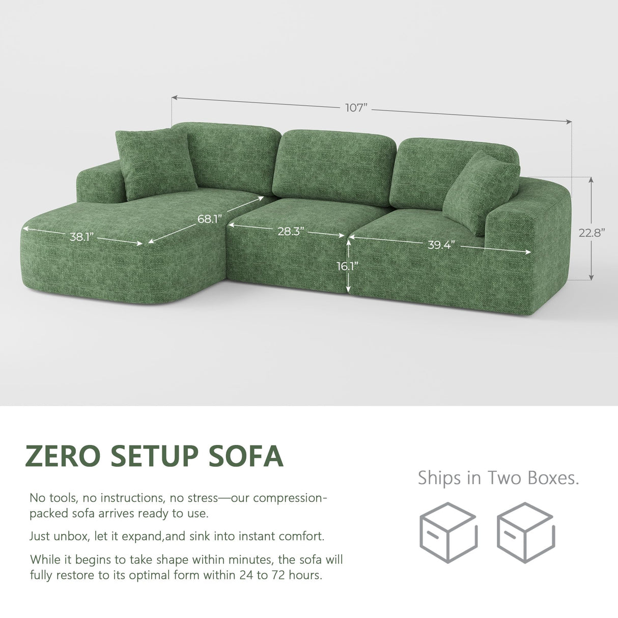 Dowinx 107'' Modular Sectional Sofa Couch with Chaise, No Assembly Required, Modern Woven-Textured Upholstery, Convertible L-Shaped Design for Living Room – Forest Green Dowinx