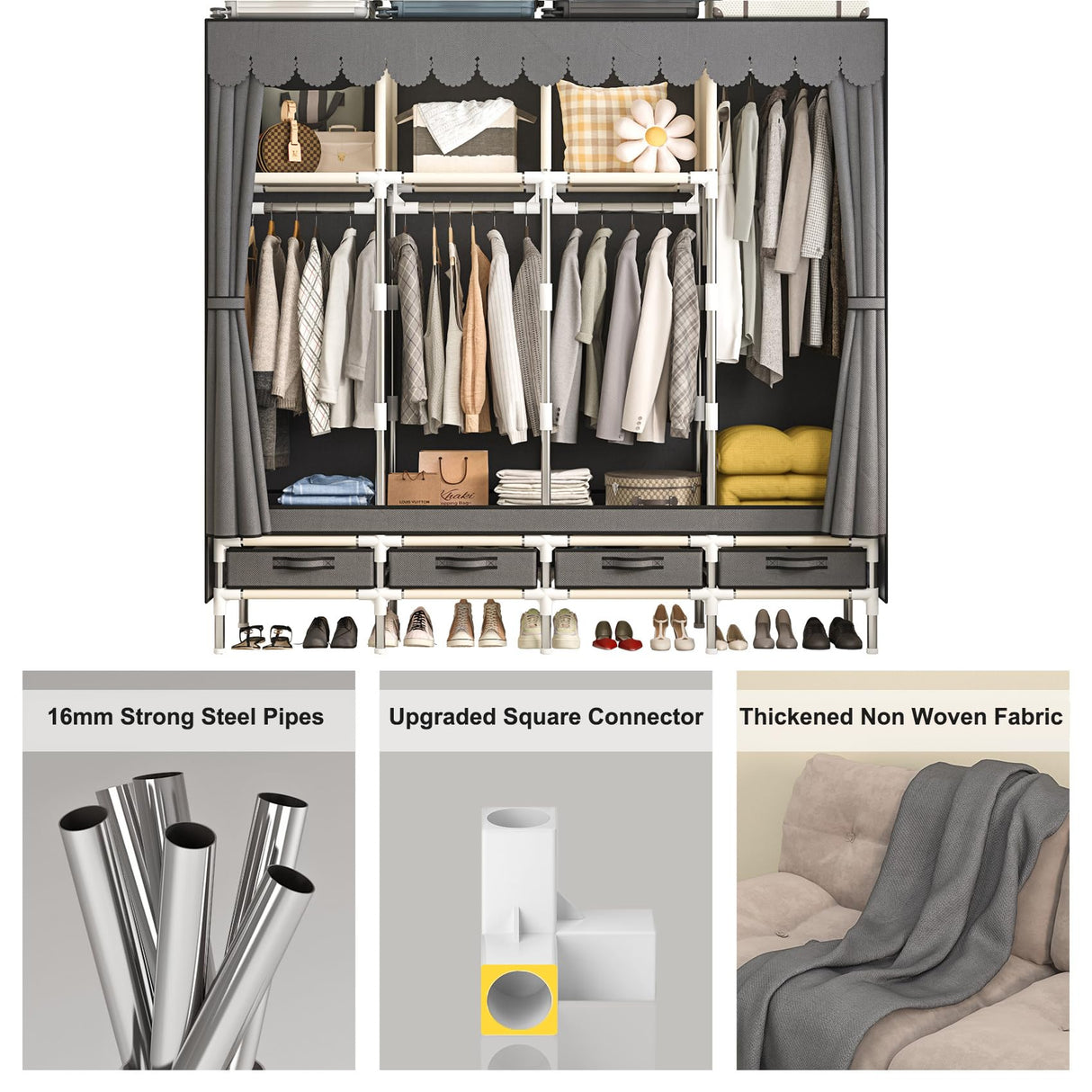 LEAIJIAFY Large Portable Armoire Wardrobe Closet with 4 Hanging Rods and Drawers,Gray Metal Storage Wardrobe Clothes Rack with Dust Cover for Hanging Clothes,67.7 in Width,Bedroom LEAIJIAFY