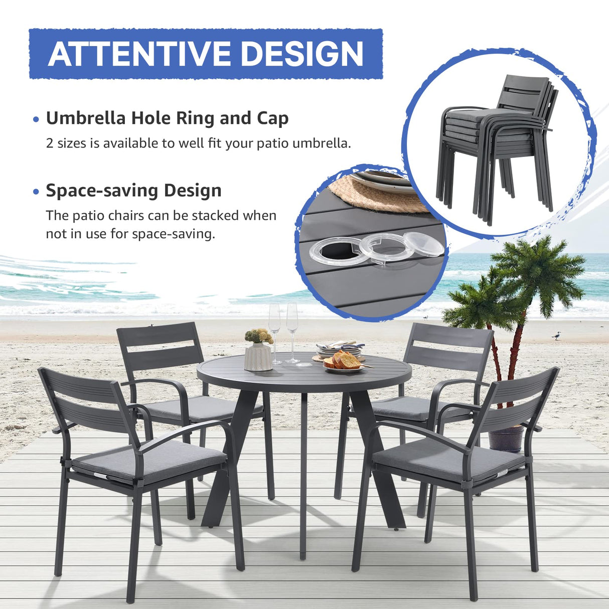 Soleil Jardin 5 Piece Outdoor Dining Set, Aluminum Patio Furniture Dining Set with Round Dining Table w/Umbrella Hole and 4 Stackable Chairs w/Cushions for Yard, Garden, Porch and Pool, Dark Gray Soleil Jardin