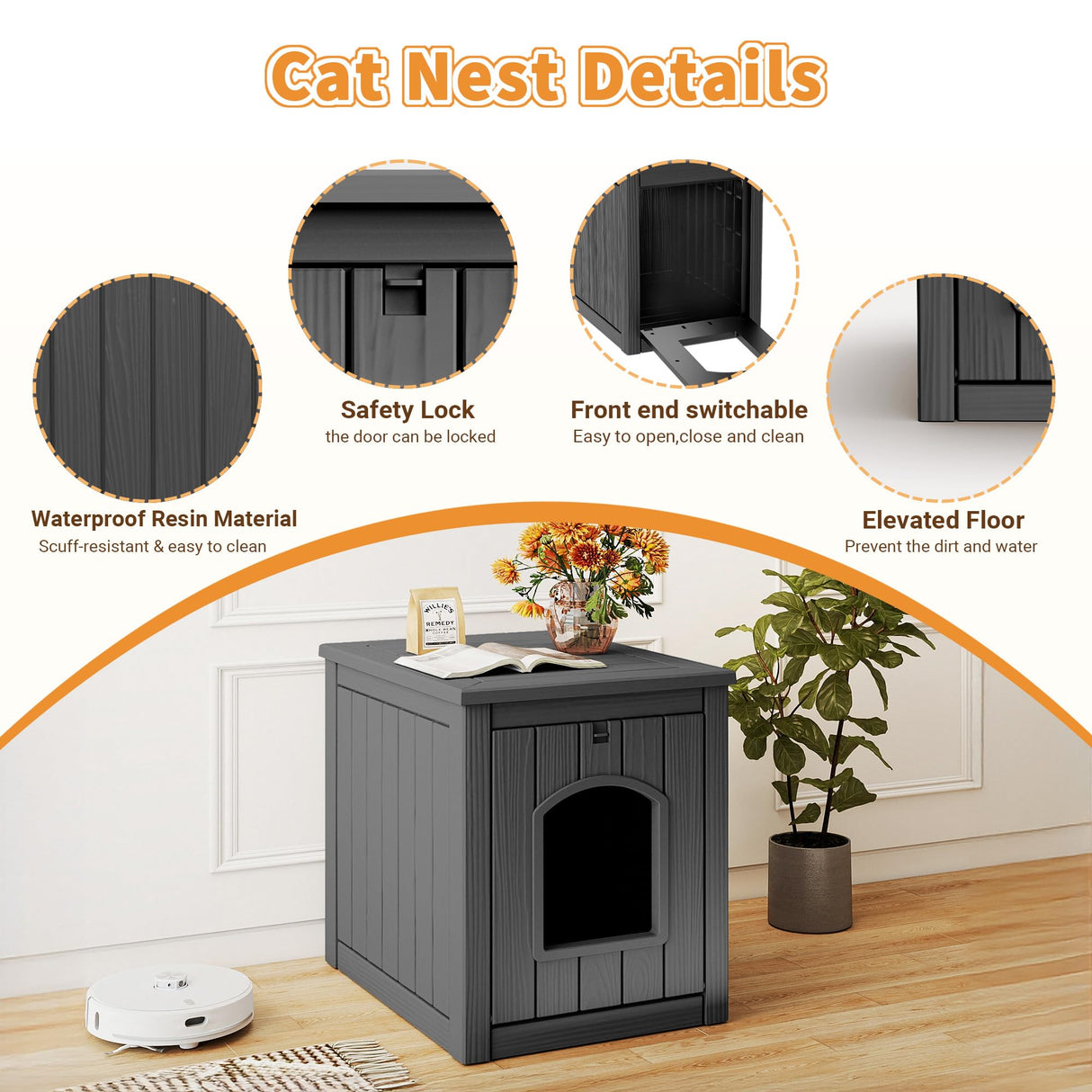 KFY Cat Litter Box Enclosure Multi-Functional Hidden Litter Box Furniture with Raised Floor Easy to Clean Easy Assembly for Living Room Bedroom, Black KFY