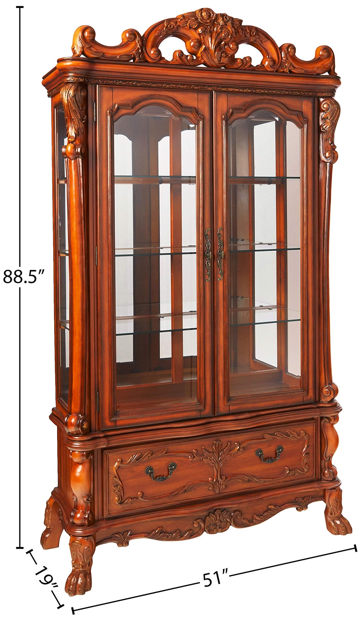 Acme Dresden 2-Door Curio Cabinet with Claw Leg in Cherry Oak Wood Acme
