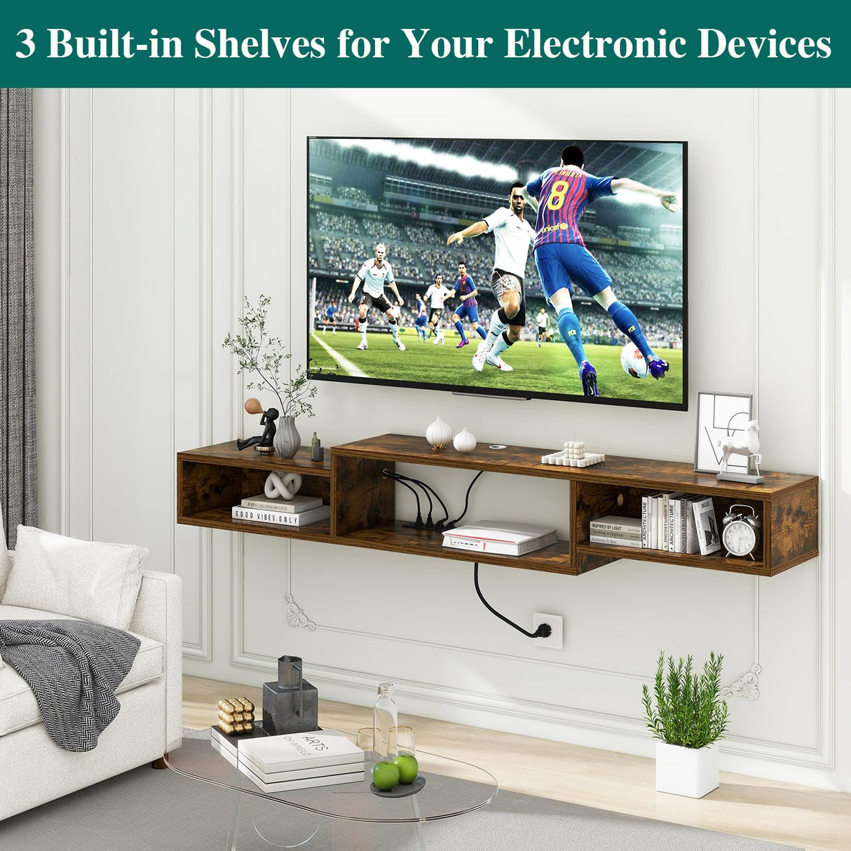 IBUYKE 71" Floating TV Stand Wall Mounted with Power Outlet,Wood Wall Mounted Media Console Shelf,Floating Entertainment Center for Under TV Storage for Living Room Bedroom Office,Rustic Brown WST008H IBUYKE