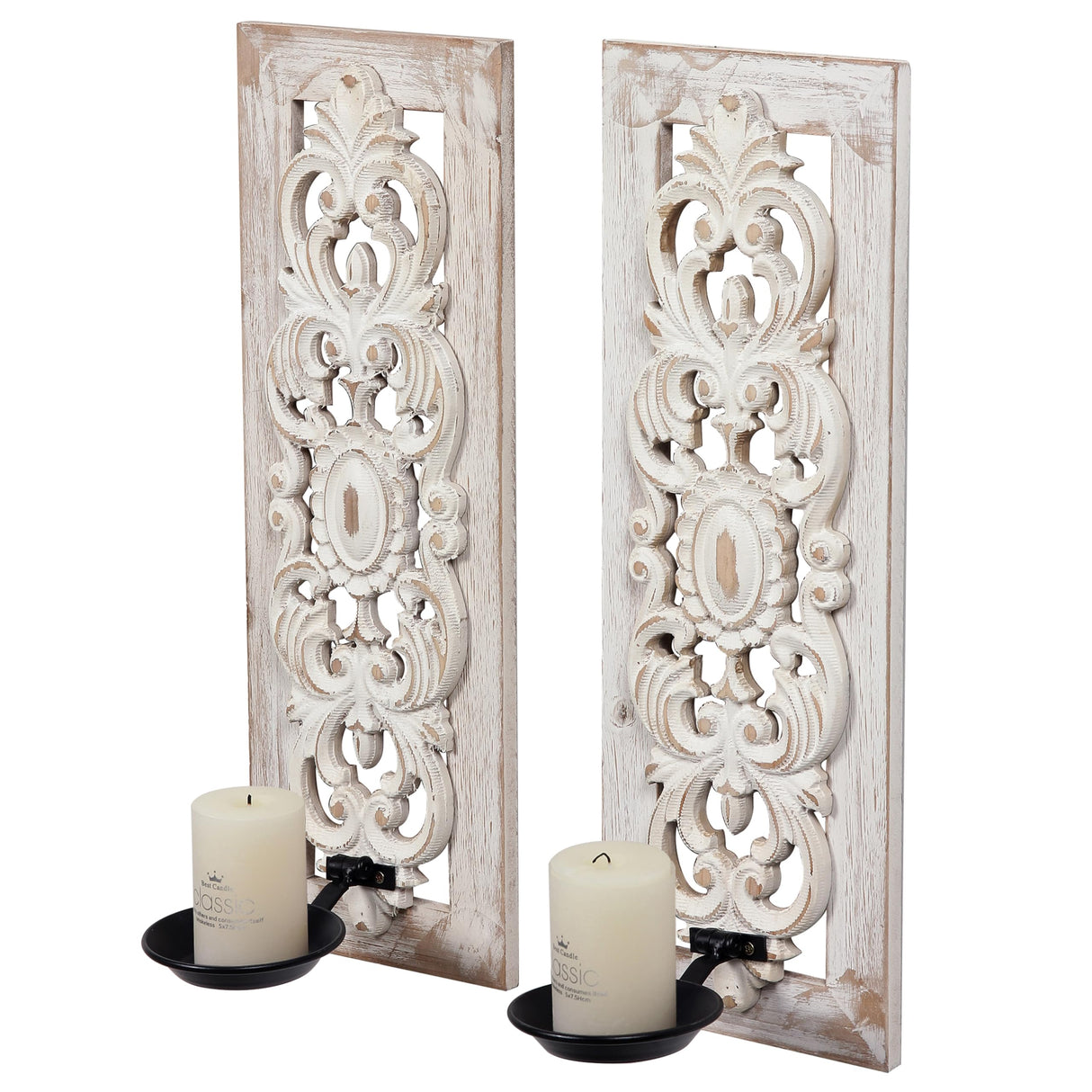 SOFE Openwork Carving Wall Candle Sconces Set of Two, Distressed Finish Wood Candle Holder Wall Decor Living Room, Rustic Farmhouse Candle Wall Sconces, Bedroom Hallway Wall Art Decoration SOFE