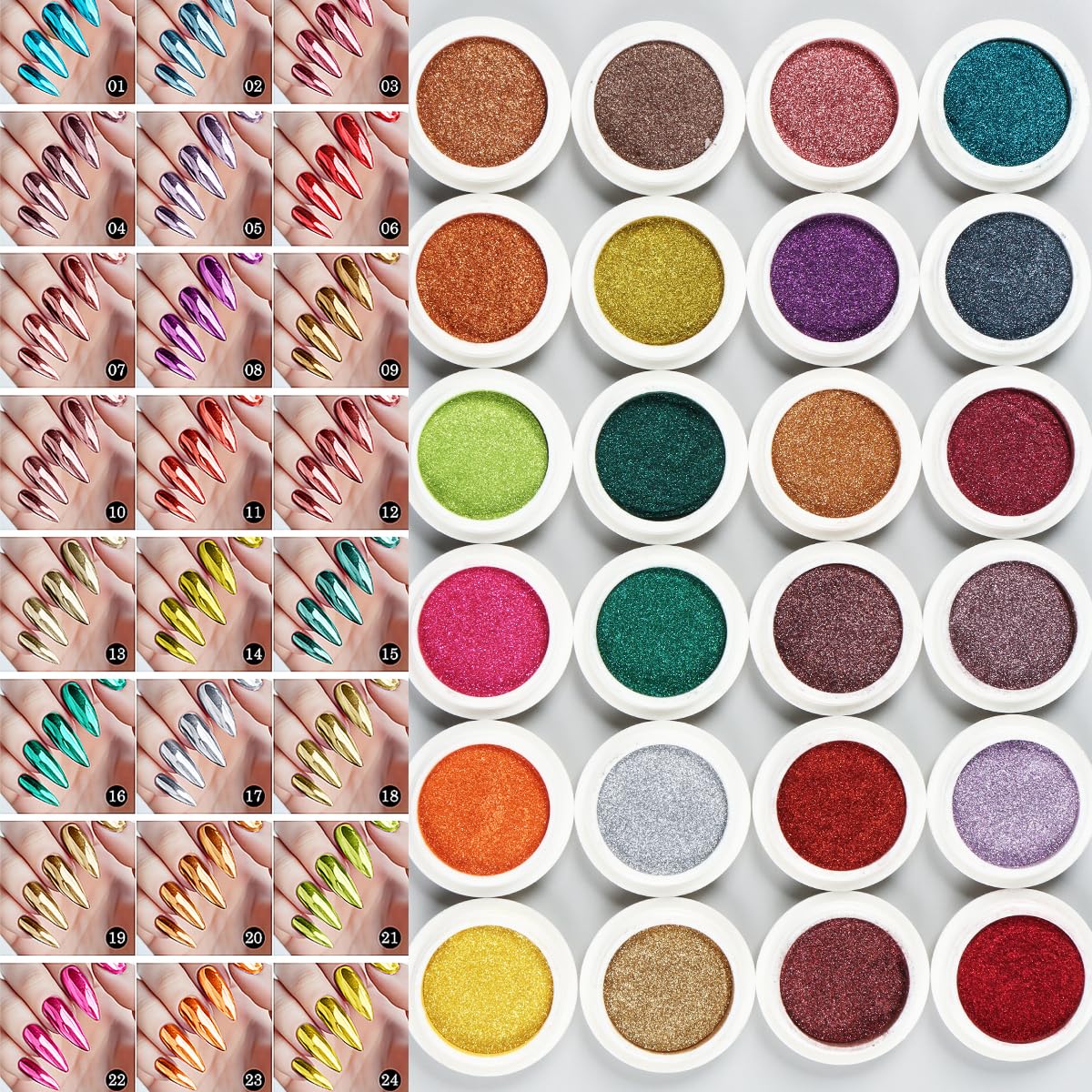 24Pcs Chrome Nail Powder Set - Metallic Mirror Effect Holographic Iridescent Aurora Mermaid Nail Powder Pigment Silver Red Green Gold Nail Chrome Powder for Nails Art Decoration(24 Eye Shadow Sticks) SUTOZMIWE