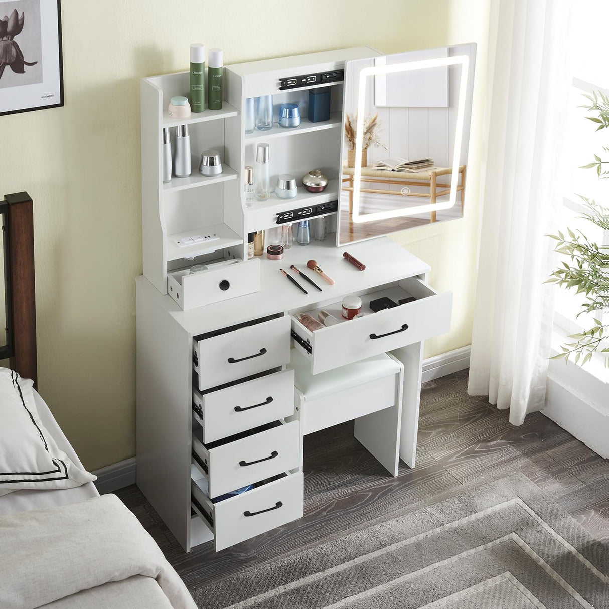 JBLCC Vanity Desk with Lighted Mirror, Large Makeup Vanity with Sliding Mirror, Storage Drawer & Chair, White Vanity Set Dressing Table for Bedroom (QW56LED) JBLCC