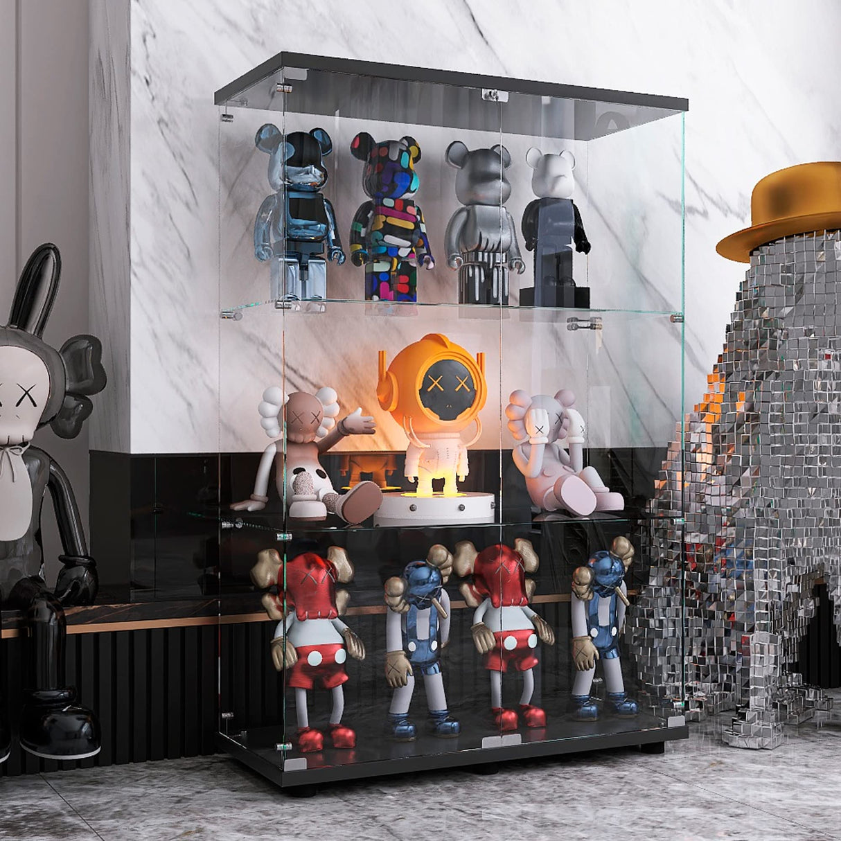 Yoluckea 3 Shelves Glass Cabinet with 2 Doors, Floor Standing Clear Glass Curio Cabinet Collection Display Case for Living Room Bedroom 49.49” x 31.77”x 14.37” Black Yoluckea