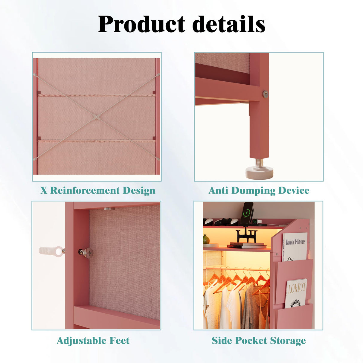 LUMTOK 2-in-1 Dresser with Hanging Racks,5 Fabric Drawers Dressers with LED Lights, Charging Station for Bedroom Living Room, Entryway, Closets (Pink) LUMTOK