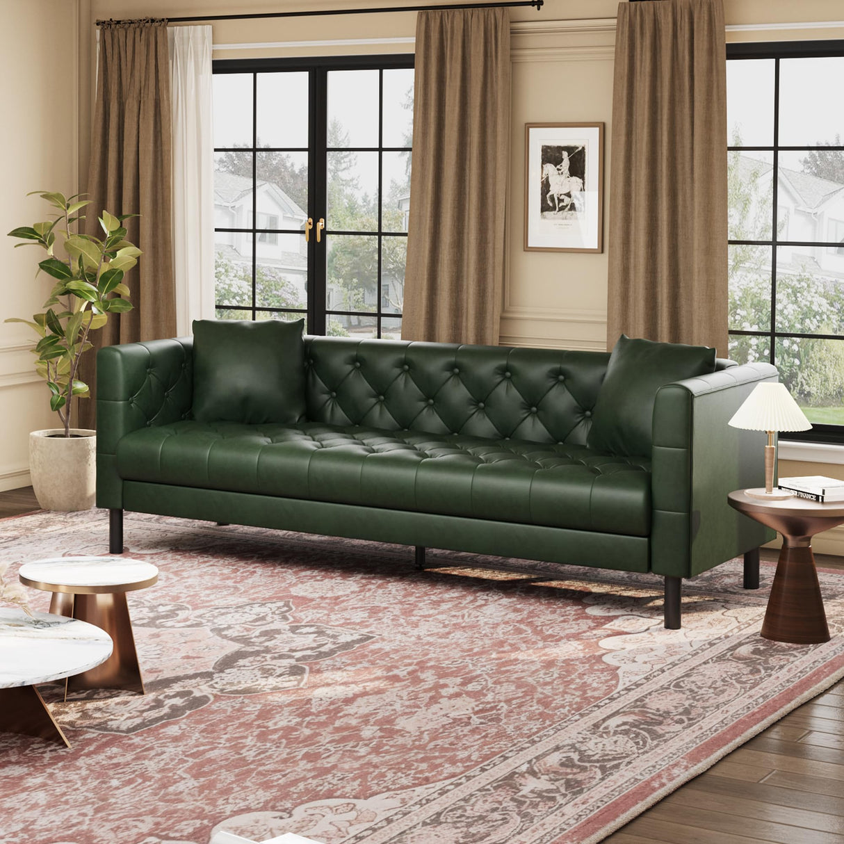 GarveeHome 81 in Leather Couch for Living Room, Modern Sofa Couch with Deep Seat and 2 Pillows, Handmade Button Tufted 3 Seater Sofa, Leather Sofa for Apartment, Office, Green GarveeHome