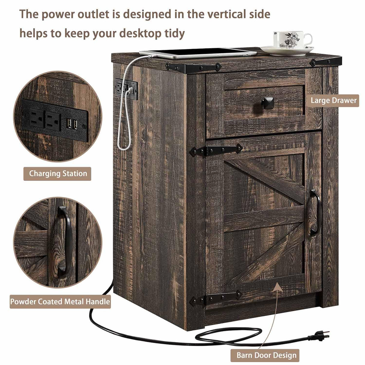 SOOWERY Nightstands Set of 2, Nightstand with Charging Station, Farmhouse End Table with Barn Door and Drawer, Rustic Wood Sofa Side Table for Bedroom, Living Room, Dark Rustic Oak SOOWERY