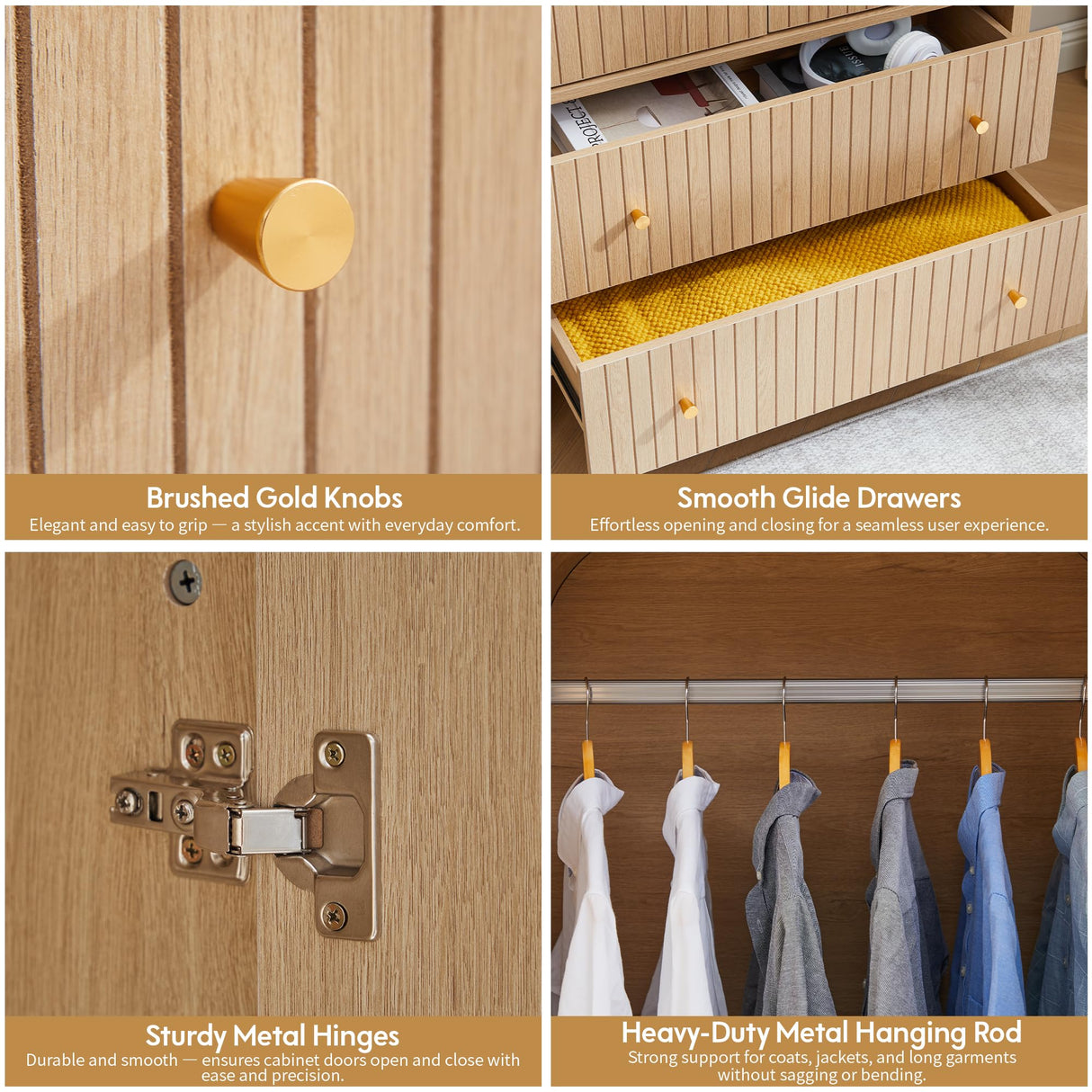 LEVNARY Arched Armoire Wardrobe Closet, Mid-Century Modern 2-Door Freestanding Wardrobe with Hanging Rod and 2 Drawers, Fluted Carved Clothing Storage Cabinet for Bedroom (Natural) LEVNARY