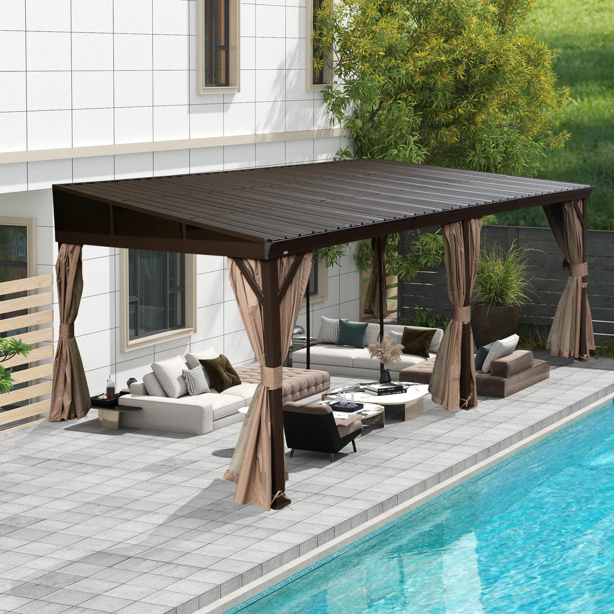 SHPAI 12’ x 20’ Lean to Gazebo, Outdoor Wall Mounted Gazebo Aluminum Frame, Hardtop Pergola with Galvanized Steel Sloping Roof for Patio Deck Garden Backyard, Curtain and Netting Included SHPAI