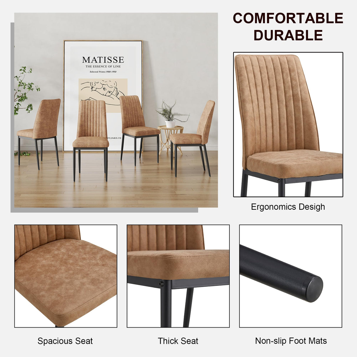 RDUEEI Brown Dining Chairs Set of 6, Comfortable Dining Room Chair, Metal Kitchen Chairs with Leathaire Fabric and High Back, Sillas para Comedor Set de 6 for Living Room (BR-6) RDUEEI