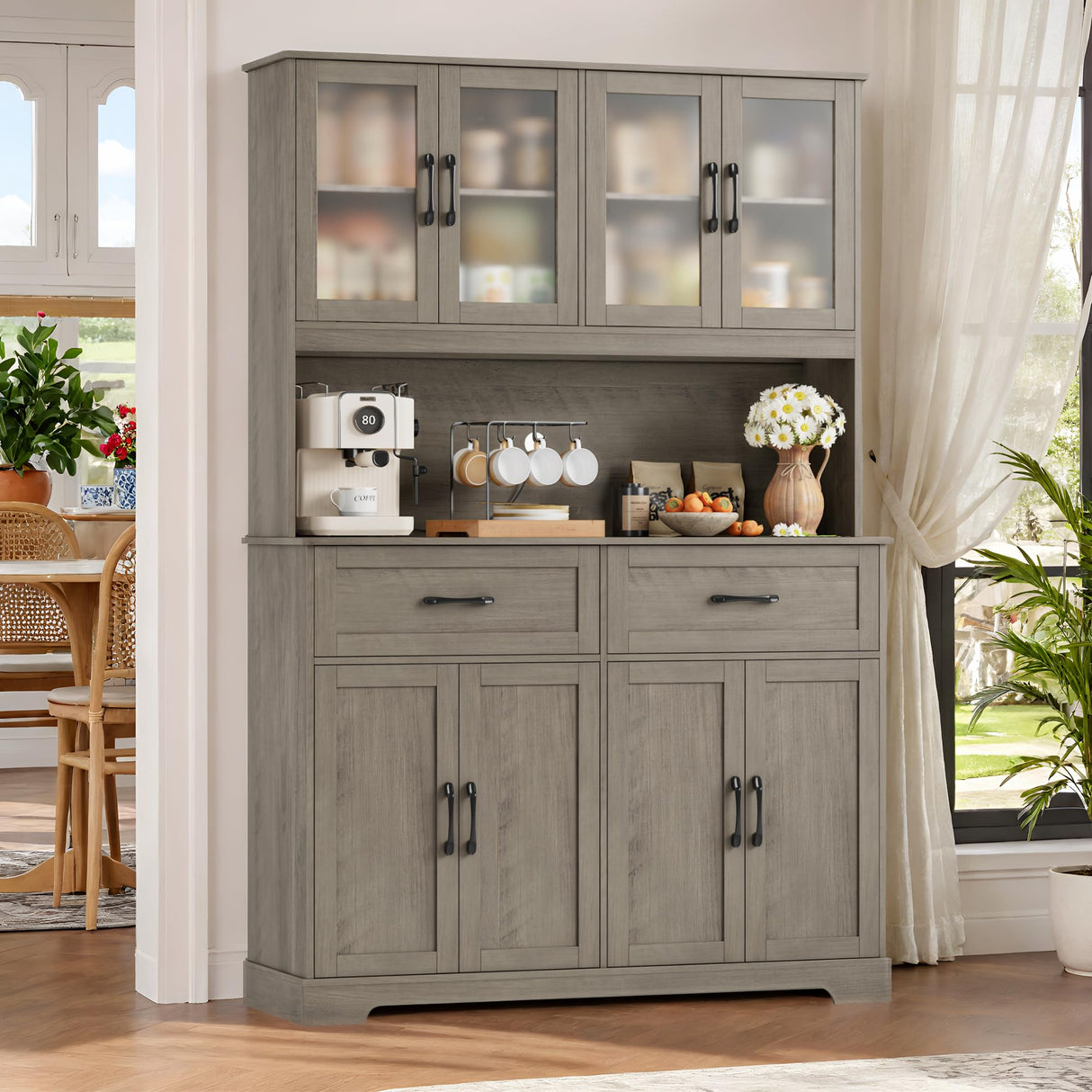 BOTLOG 71" Pantry Storage Cabinet, Farmhouse Food Pantry Cabinet with Microwave Stand, Kitchen Hutch with Large Drawer and Shelves for Dining Room Farmhouse Grey BOTLOG