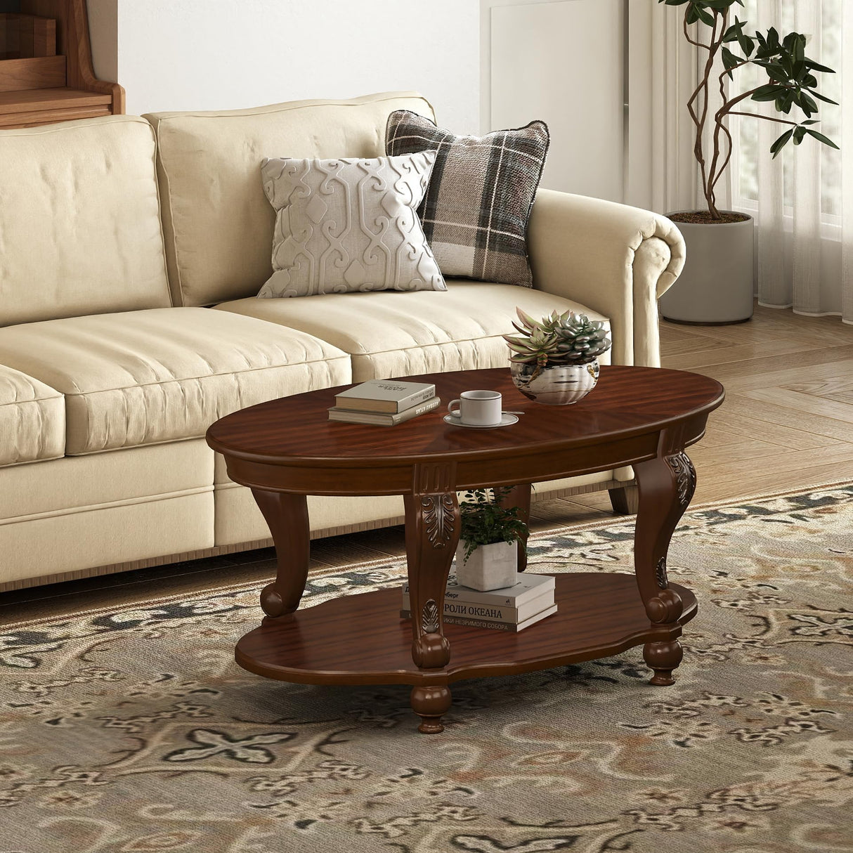 LKTART Oval Wood Coffee Tables for Living Room, Vintage Round Coffee Table with Carved Wood Legs, Tradition Elegant Center Table (Cherry, 42 Inch) LKTART