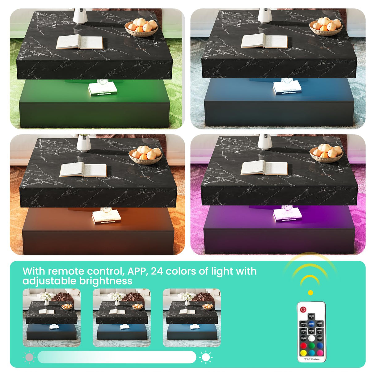 Square Coffee Table with LED Lights – 2-Tier High Gloss Minimalist Design, 30.7-Inch Modern Center Table with Storage and Drawer – Wooden Coffee Table for Living Room, Home, and Office GOFEI