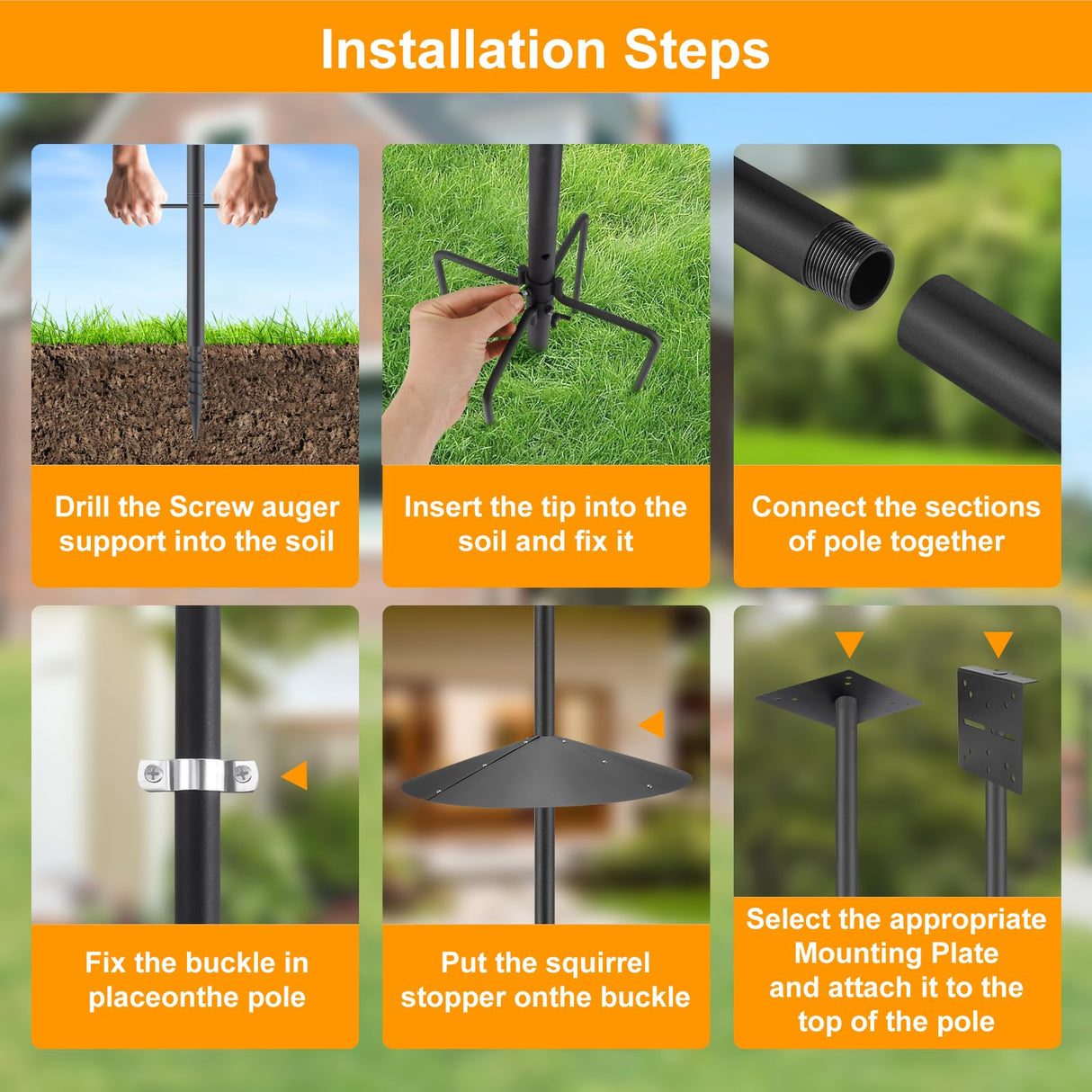 92 Inch Smart Bird Feeder Pole with Auger Anchor for Outdoor, Heavy Duty Adjustable Bird House Stand Pole, Birdhouse Post Mount Kit, Metal Squirrel Proof Baffle (No House/Feeders) SLIIMU