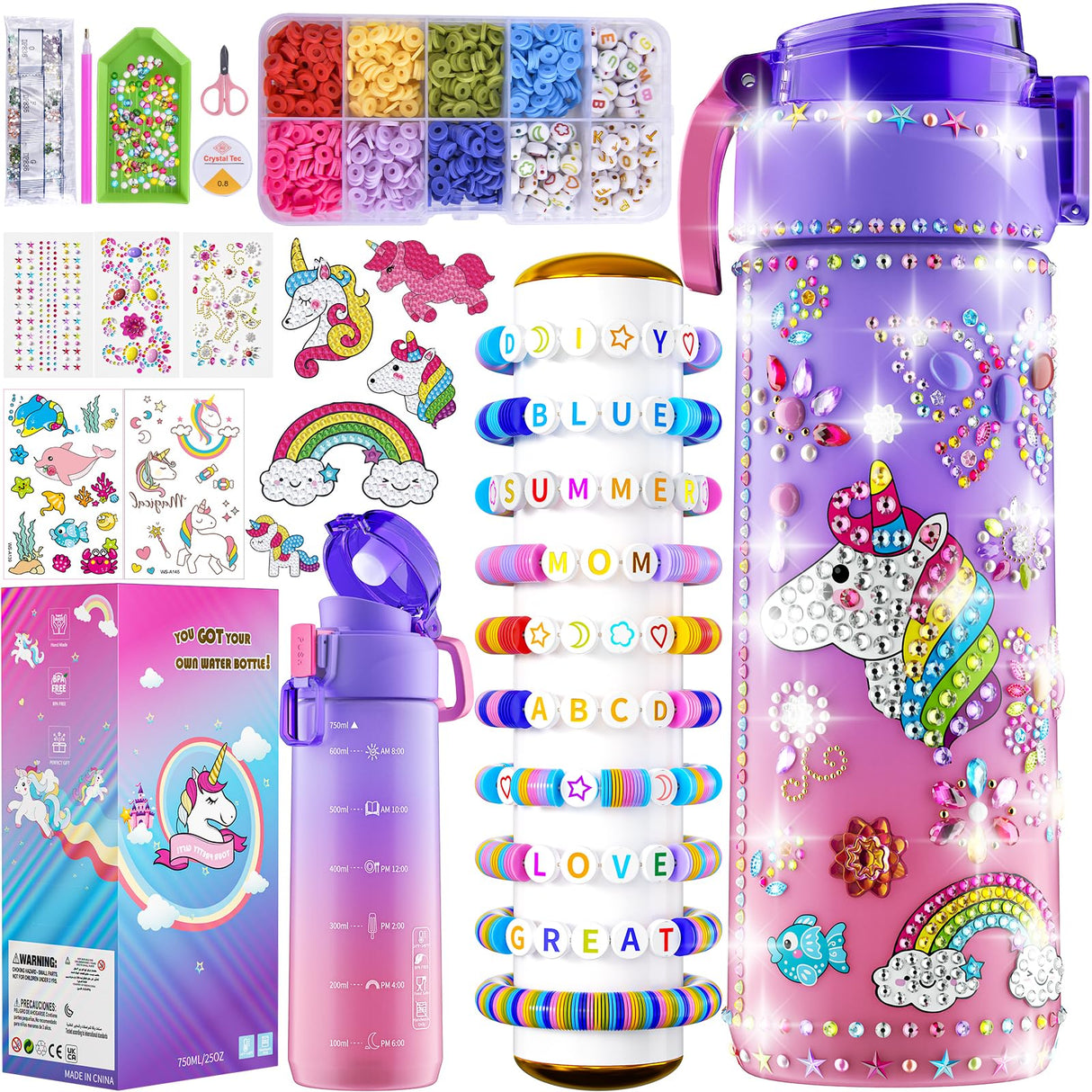 Gifts for Girls 4-12, Decorate Your Own Water Bottle Kits for Girls, Unicorn Diamond Painting Toys & Friendship Bracelet Kit, Fun Arts Crafts for Kids Ages 4-6-8-10, Birthday Gifts Toys for Kids BOOH