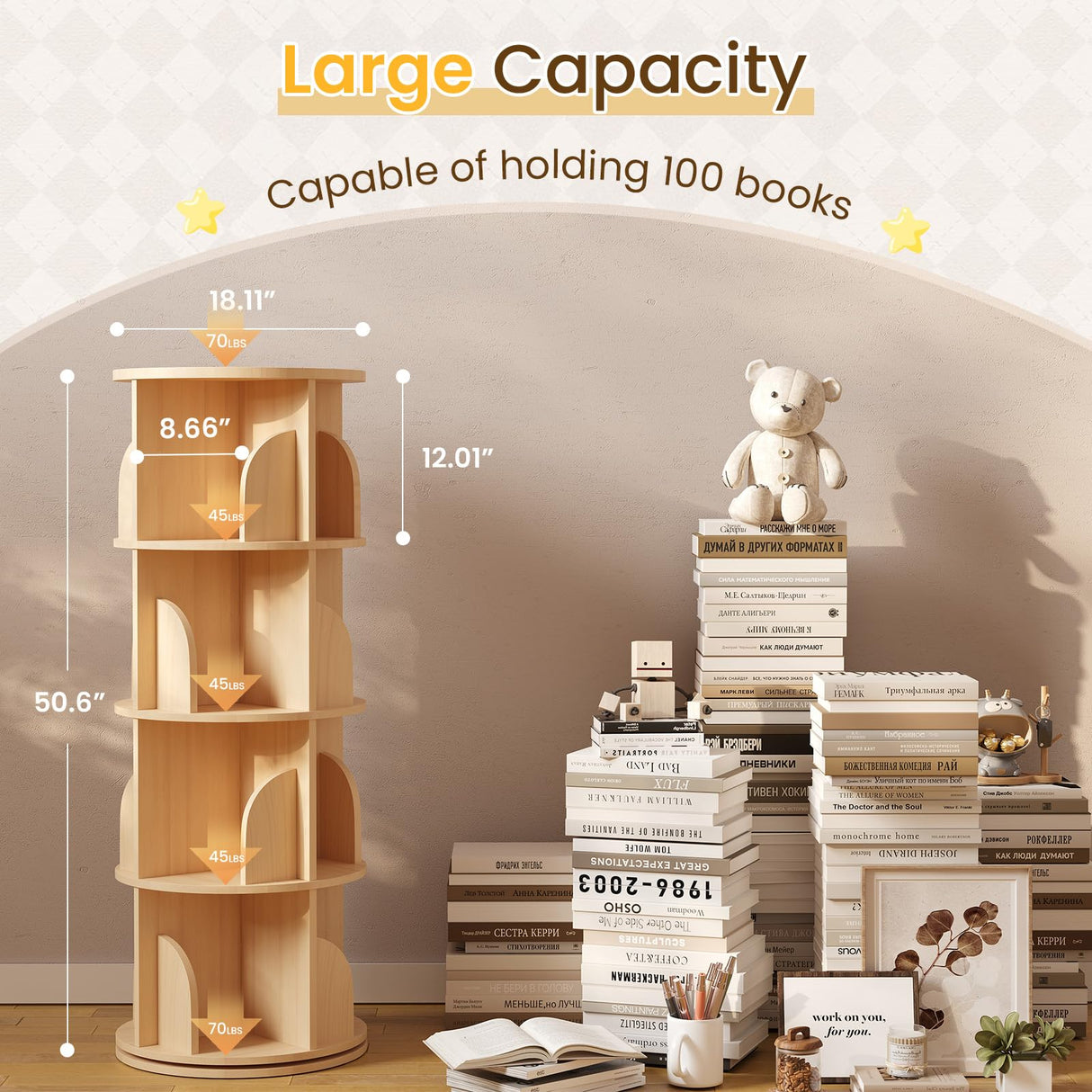Rotating Bookshelf 360 Degrees,4 Tier Round Spinning Bookcase, Wood Book Shelf Tower for kids, Adults, Narrow Rolling Corner Bookshelf for Small Spaces, Bedroom, Classroom, Kids room, Natural YOUDENOVA