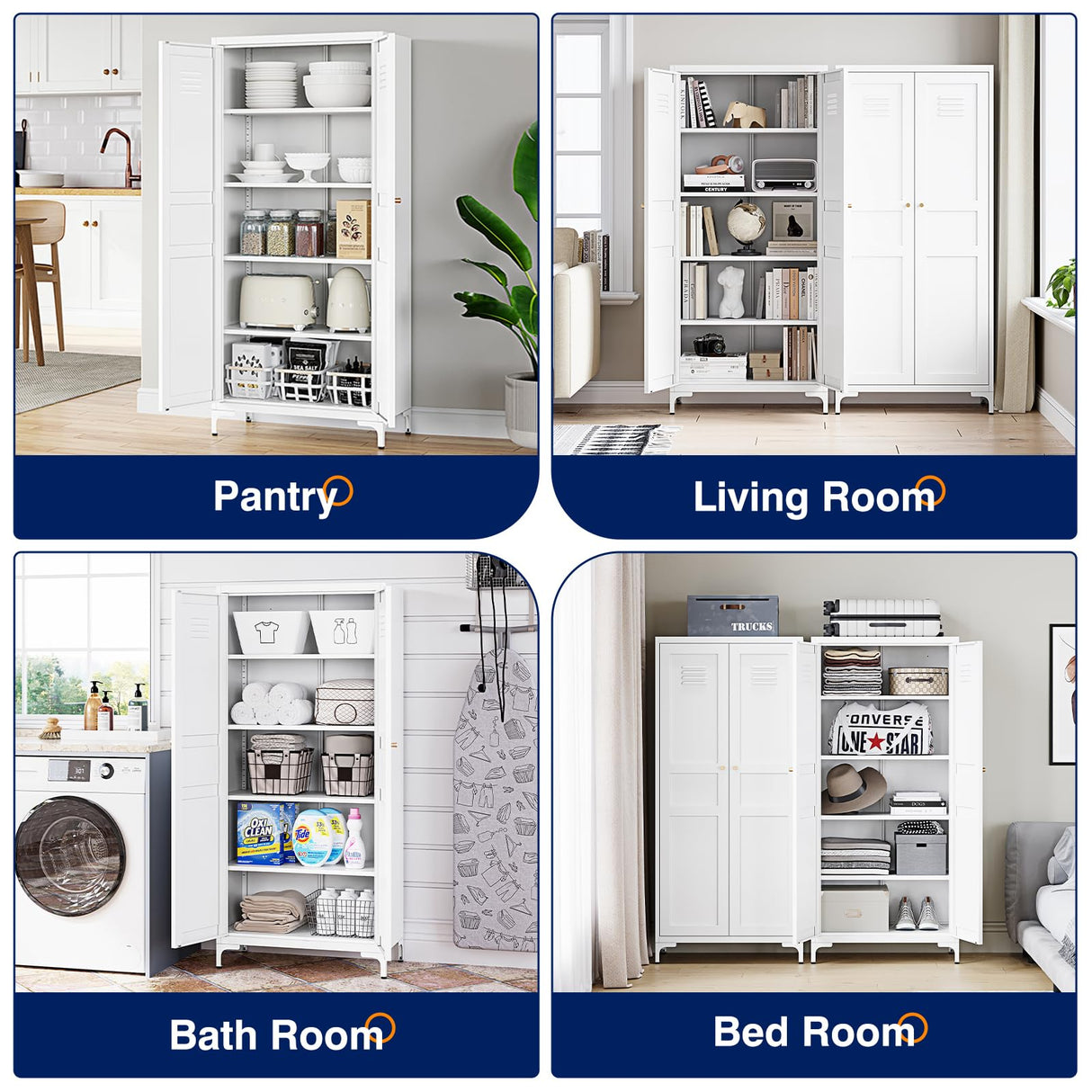 Yizosh Metal Storage Cabinet with 2 Doors and 4 Adjustable Shelves - 61" White Locking Pantry Storage Cabinet, 5-Tier Tall Steel Cabinet Locker for Home Office, Living Room, Dinning Room Yizosh