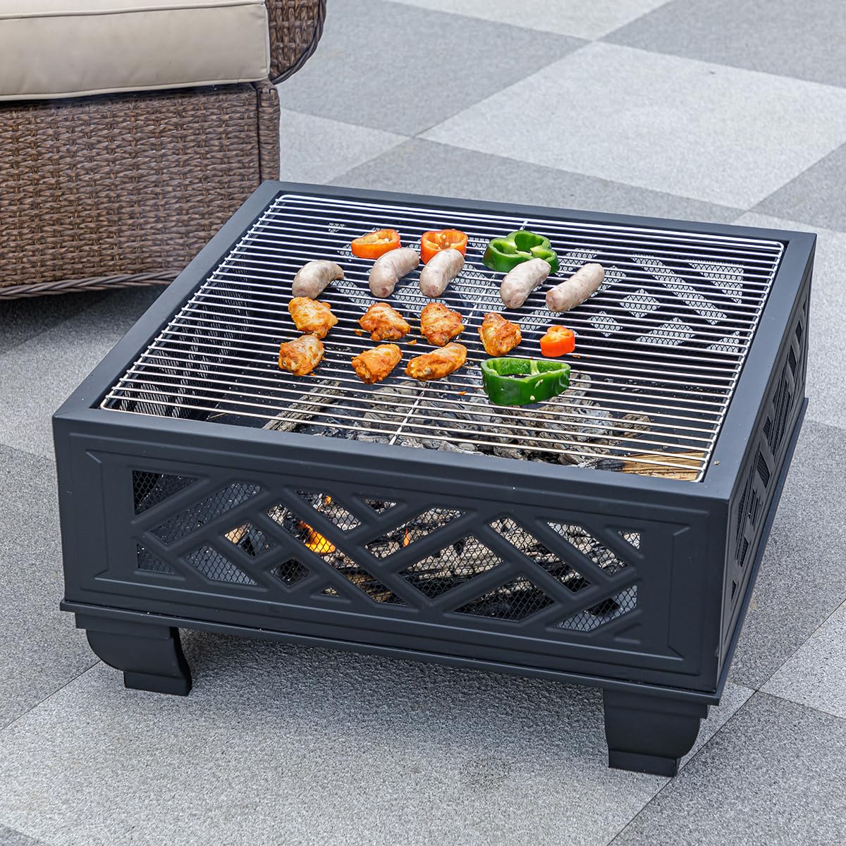 MistMo 26" Steel Square Fire Pit with Grill & Poker, Outdoor Fireplace with Mesh Cover for Patio, Backyard & Garden, Ideal Mistmo