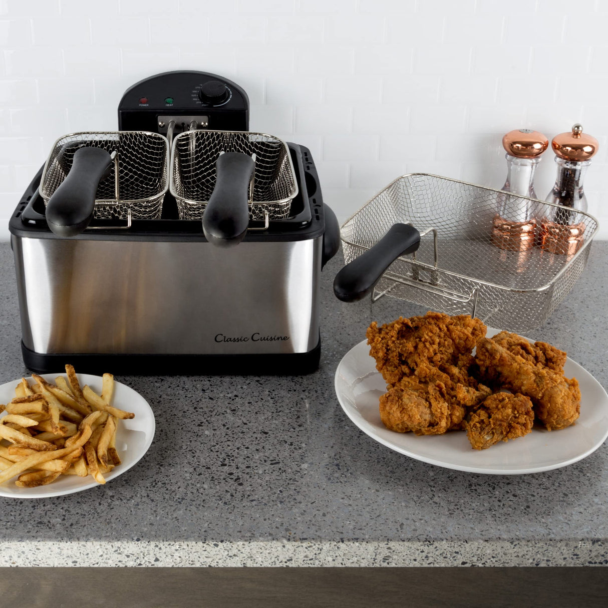 Deep Fryer - 4-Liter Electric Oil Fryer - 1 Large Basket and 2 Small for Dual Use - Stainless-Steel Cooker with Cool Touch Features by Classic Cuisine Classic Cuisine