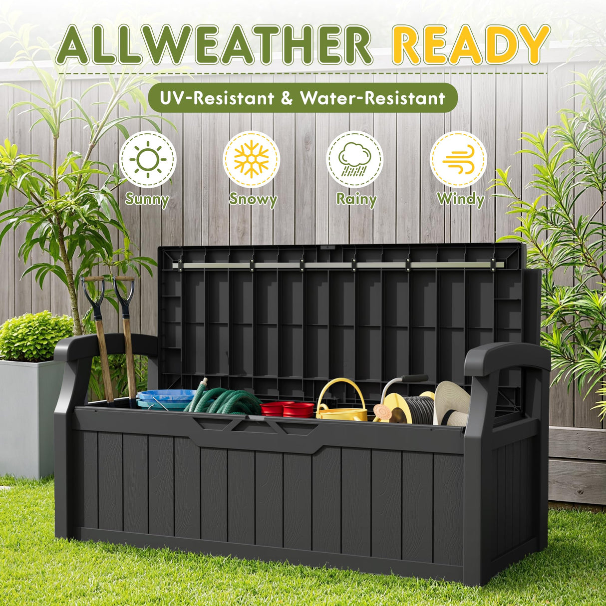 Greesum 80 Gallon Storage Bench Outdoor Deck Box with Armrest, Patio Furniture,Lockable, Waterproof and UV Resistant, Suitable for Garden, Pool, Black Greesum