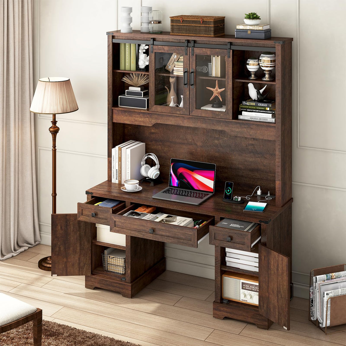 Hlivelood 76" Height Farmhouse Desk with Sliding Door Hutch, Wood Office Executive Workstation Computer Desk with Charging Station, Drawers and Storage Cabinet, for Work, Sturdy, Game, Brown Hlivelood