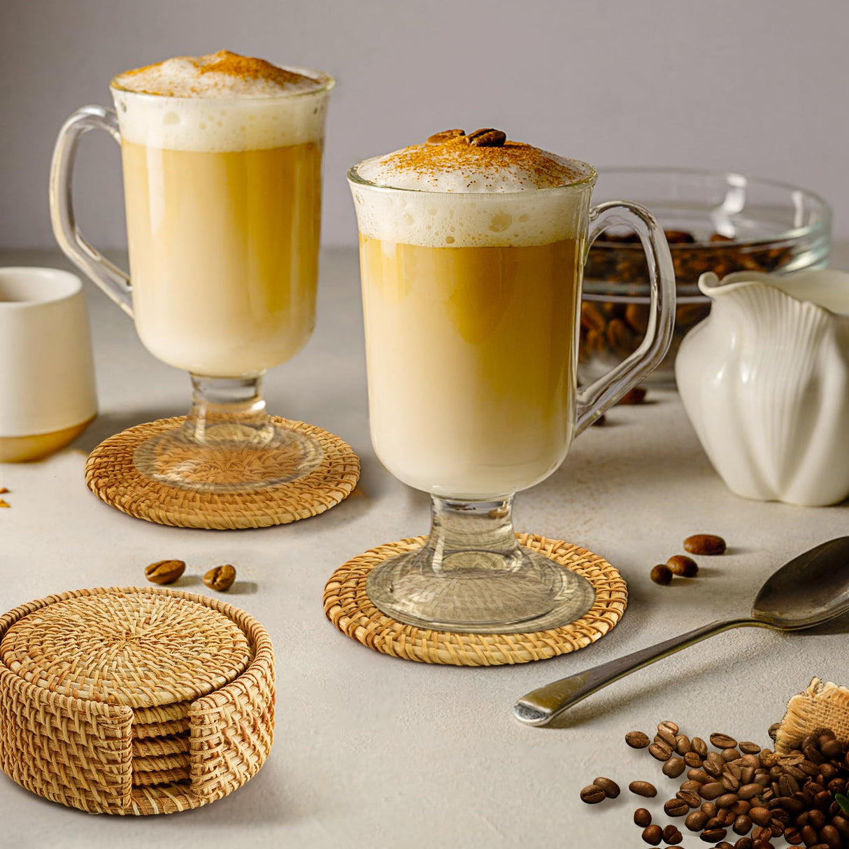 6pcs Handmade Rattan Coasters with Holder, Natural Wicker Boho Coasters Set, Heat-resistant Drink Coasters for Coffee Table Housewarming Gifts Hot Drinking Home Decor Protecting Table ANPHSIN