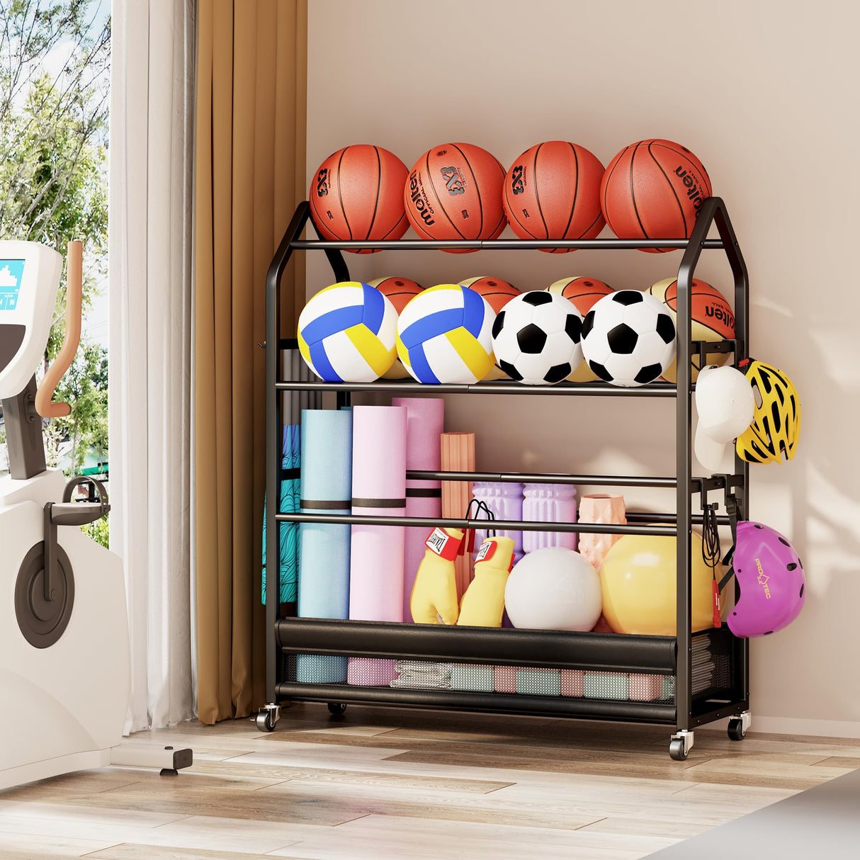 Homeiju Sports Equipment Organizer, Ball Storage Rack, Garage Sports Gear Rack with Wheels and Hooks, Indoor/Outdoor Shelf Rack for Sports Gear, Black Homeiju