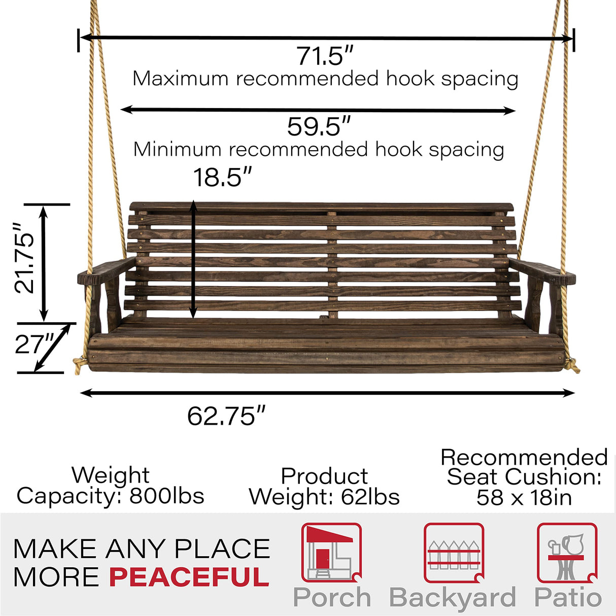 Amish Casual Heavy Duty 800 Lb Roll Back Treated Porch Swing with Hanging Ropes (5 Foot, Dark Walnut Stain) Amish Casual